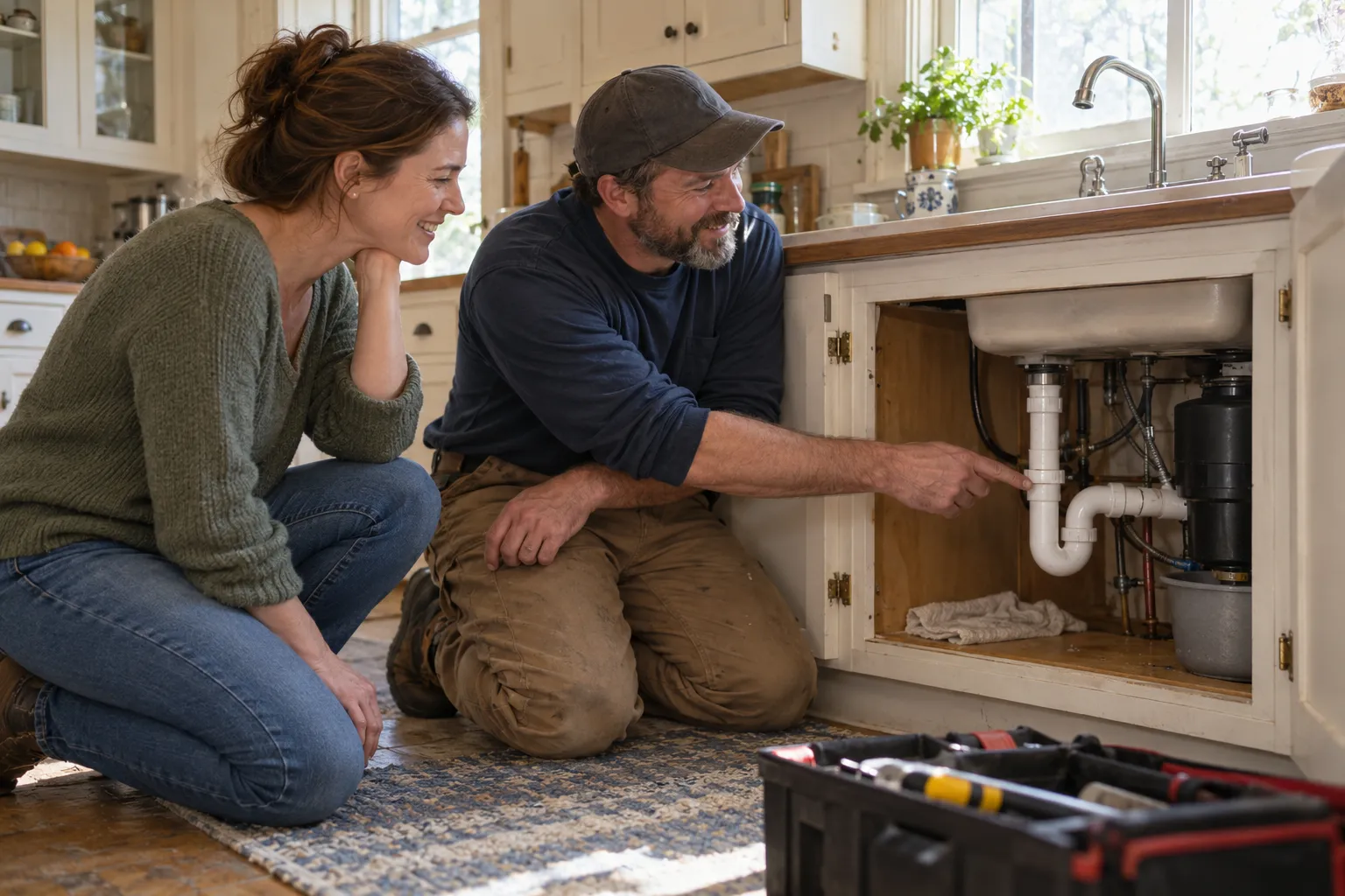 A homeowner in Lake Grove talking with a local plumbing provider near a kitchen sink